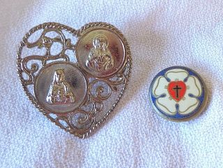 2 Vtg Silver Tone Sacred Heart Heart Shaped Brooch Pins Mary Jesus 1.  25 "
