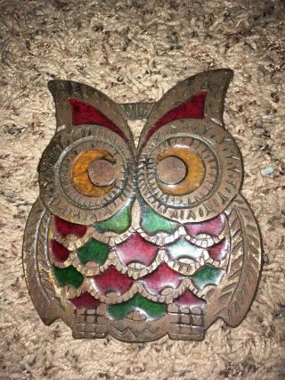 Vintage Footed Cast Iron Metal Stained Glass Owl Trivet Wall Hang Plaque Art
