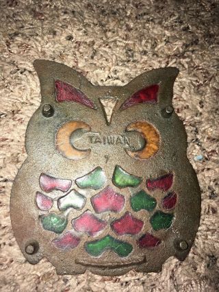 Vintage Footed Cast Iron Metal Stained Glass Owl Trivet Wall Hang Plaque Art 2