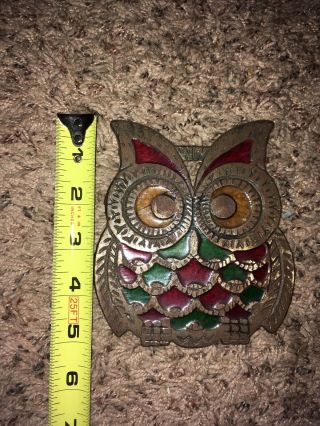 Vintage Footed Cast Iron Metal Stained Glass Owl Trivet Wall Hang Plaque Art 6