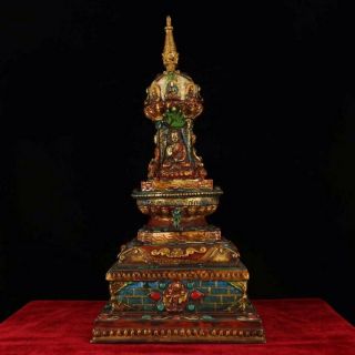 Chinese Antique Tibetan Buddhism Old Copper Hand - Set Gemstone Painted Stupa