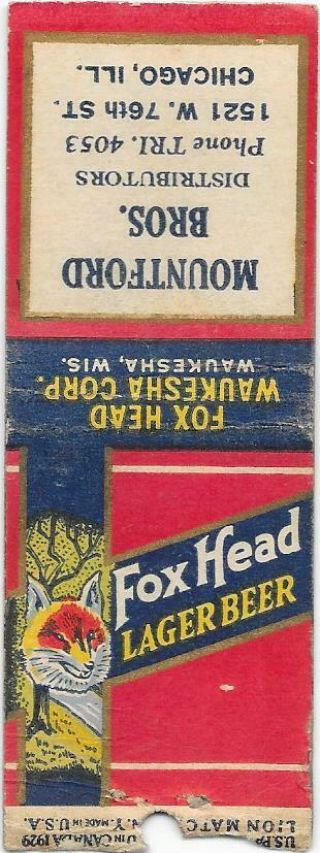 Fox Head Beer Matchbook - Chicago,  Il - Mountford Bros.  Distributors - 1940 