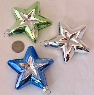 Christmas Ornaments Set Of 3 Rauch Glass Stars Green Blue Silver 3.  25 "