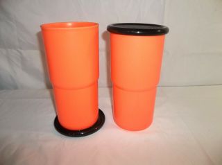Tupperware Set Of 2 Orange 30 Oz Thirstquake Tumblers With Black Coaster/covers