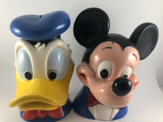 Vtg Walt Disney 1971 Mickey And Donald Duck Head Coin Bank Pal Plastics