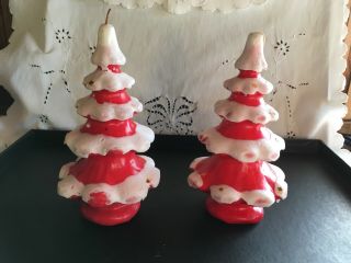 2 Vintage Red Christmas Tree Candles 8 " Tall Gurley? No Tag Snow Holiday
