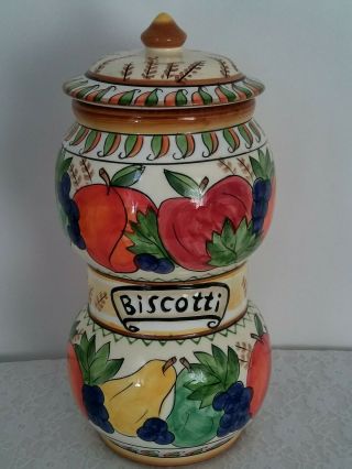 Biscotti Cookie Jar Hand Painted For Nonnis Fruit Tuscan Design W Lid Vintage