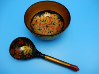 Russian Khokhloma Lacquered Hand Painted Wooden Bowl & Spoon