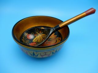 RUSSIAN KHOKHLOMA LACQUERED HAND PAINTED WOODEN BOWL & SPOON 2