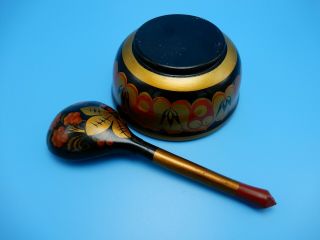 RUSSIAN KHOKHLOMA LACQUERED HAND PAINTED WOODEN BOWL & SPOON 4