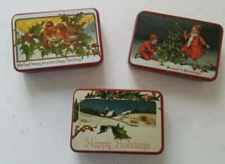 Set Of 3 Miniature Christmas Tins Vintage 2 1/2 " Holidays Winter Red Tin Boxes