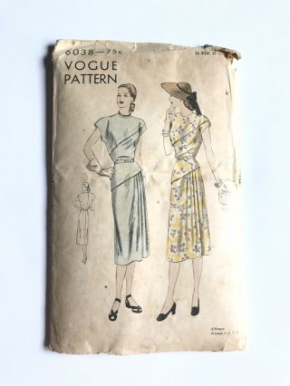 Vintage Vogue 40/50s Asymmetrical Waist Dress Pattern No.  6038 Sz 16
