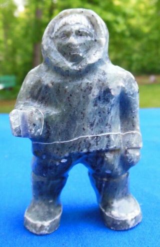 Inuit Eskimo Art Signed Soapstone Carving 3 " Man Hunter Figure