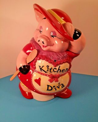 Red Hat Society Mercuries Ceramic Cookie Jar Pig Kitchen Diva Miss Piggy Lovers