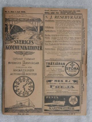 Vintage Swedish Communications Official Timetable And Map 1928