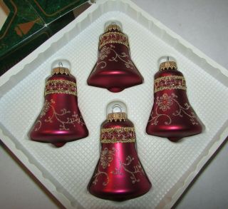 8 Christmas By Krebs Glass Bell Christmas Ornaments Burgundy & Gold Stencil