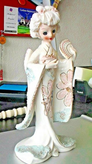 Vintage Spaghetti Art Japanese Big Eyed Geisha Figurine Mid Century 8.  5” Tall