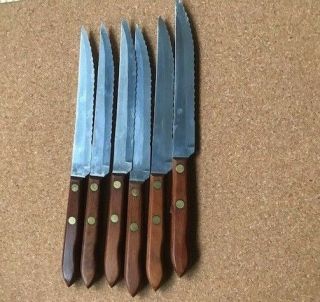 Vintage Utica - Edge Steak Knife Set Of 6 Usa Stainless Wood Handle Euc