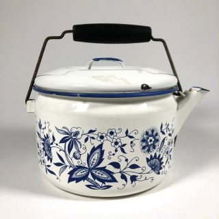 Vintage Blue Onion Enamel Tea Kettle Teapot With Wooden Handle