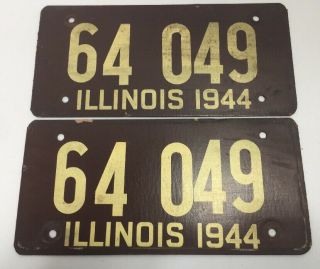 Vintage 1944 Illinois Automobile License Plate Set Soybean Fiber / Wwii