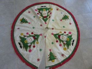 Large Vintage Felt Christmas Tree Skirt With Applied Santa Trees & Sequins