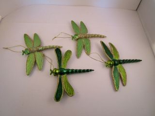Vintage Set Of 4 Green Dragonfly Gold Glitter Plastic Christmas Ornaments
