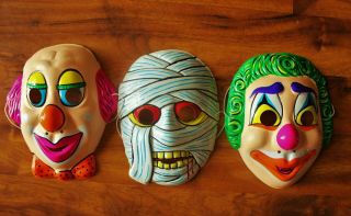 3 Vintage Halloween Masks Scary Clown Faces & Mummy