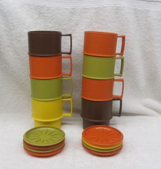 8 Vintage Tupperware Stackable Mugs Coffee Cups 1312 Harvest W/ Coasters Lids