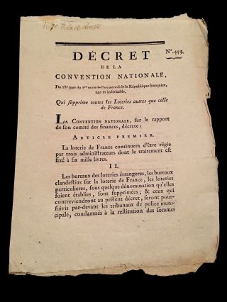 National Convention Decree On Removing All Foreign Lotteries 1794