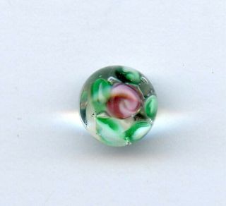 Glass Ball Paperweight Button - - Pink Flower With Green Leaves - - 1/2 "