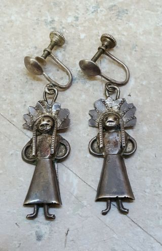 Old Vintage Sterling Silver Kachina Doll Style Native American Indian Earrings