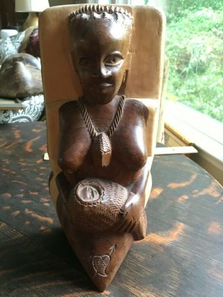 African Wood Art Hand Carved Mother And Child Figure 10” X 5”