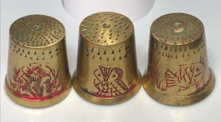 Thimbles Brass With Red Etchings Fish Owl Floral