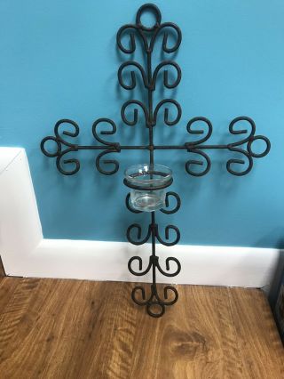 Metal Cross Wall Hanging With Candle Votive Holder 19x13