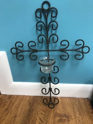 Metal Cross Wall Hanging With Candle Votive Holder 19x13 4