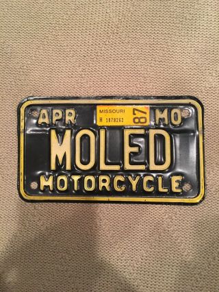 Unique Authentic 1987 Missouri,  Mo Motorcycle License Plate Tag “moled”