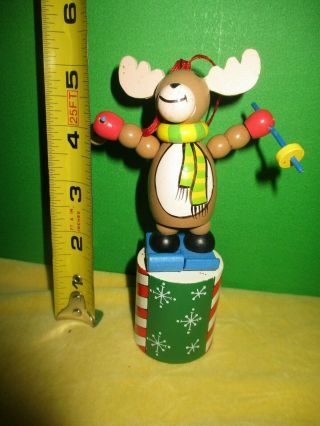 Vintage Wooden Christmas Tree Ornament Puppet Push Up Button Mod Reindeer Ski