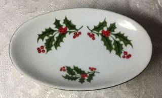 Christmas Soap Dish White With Green Holly Leaves And Red Berries Gold Trim