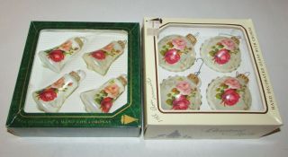 2 Boxes Christmas By Krebs Glasss Ornaments Bells Balls Pink & Red Roses Flowers