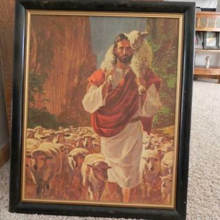 01506 Vintage 16 " X 20 " Richard Hook Religious Picture Jesus Holding Lamb Sheep