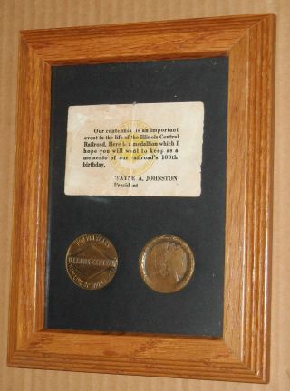 Vintage 1951 Illinois Central Railroad 100th Year Framed Medallions
