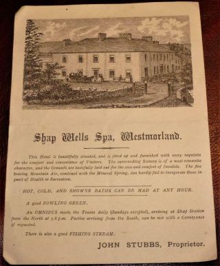 Victorian Shap Wells Spa Hotel (john Stubbs) Business Card See Both Images