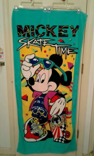 Vtg Disney Mickey Mouse Skateboard Skate Time Beach Bath Towel 56 " X 29 " Franco