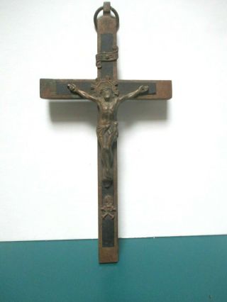 Vtg Antique Crucifix Skull Crossbone Pectoral Cross Brass Mahogany Inlay Germany
