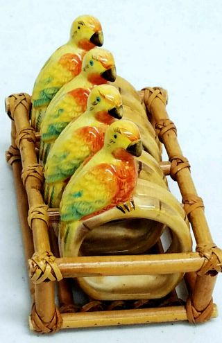 Vintage Parrot Ceramic Napkin Holders In Bamboo Rack Set Of 4 Parrothead Tiki