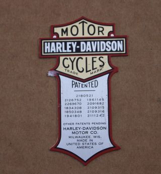 Vintage Harley - Davidson Motorcycles Patent Metal Plate Decal Hd Patented Badge