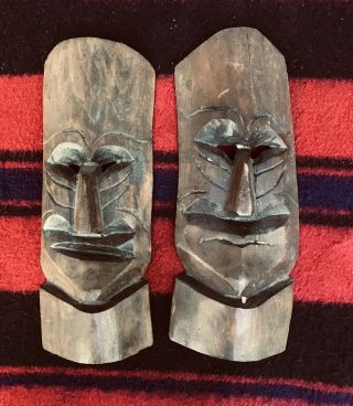 Vintage Set 2 50s 60s Hand Carved Wood Tiki Tribal Masks Sculpture Wall Art 12”