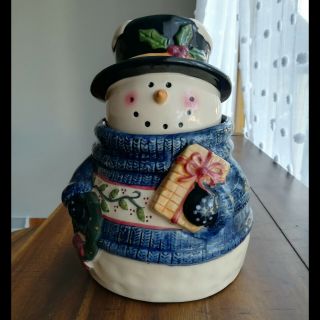 Alco Brand Cookie Jar.  Snowman With Blue Sweater Holding A Gift.
