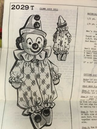 Vintage Mail Order Pattern - Clown Sock Doll Uncut - Cute For Toddlers
