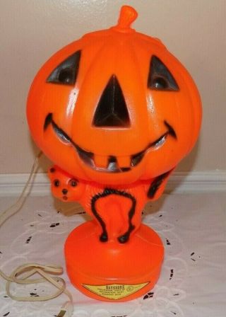 Vintage Blow Mold Light Up Pumpkin Head Over Scared Cat Bayshore Usa